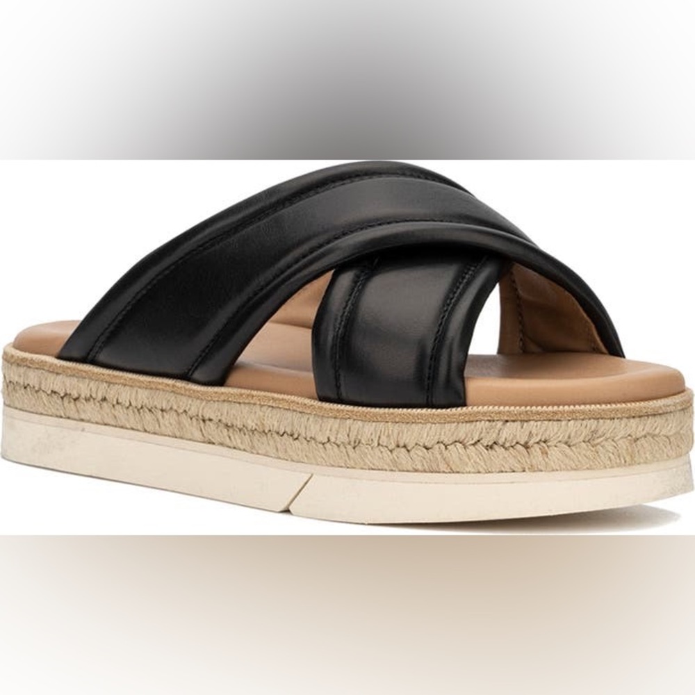 Aquatalia Black Leather Crossover Platform Espadrille Slides